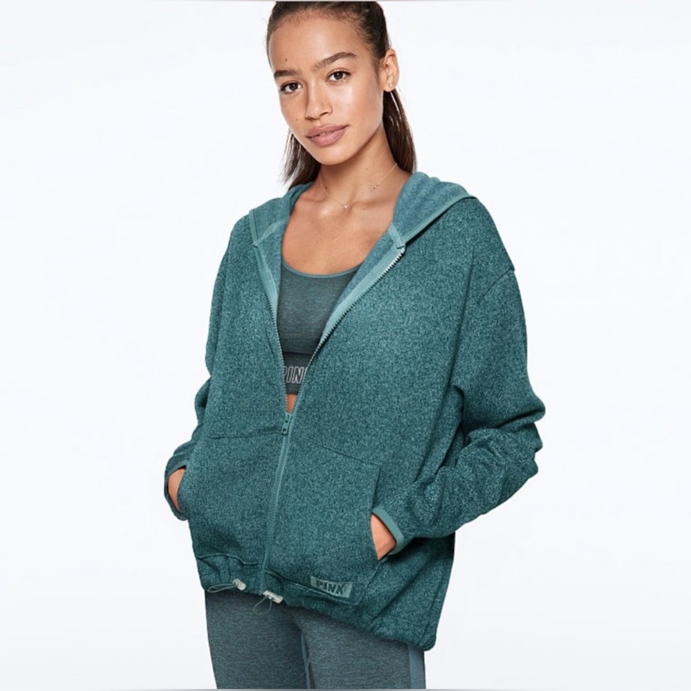 Victoria's Secret PINK Knit High-Low Full-Zip Sweater Hoodie Teal green-blue